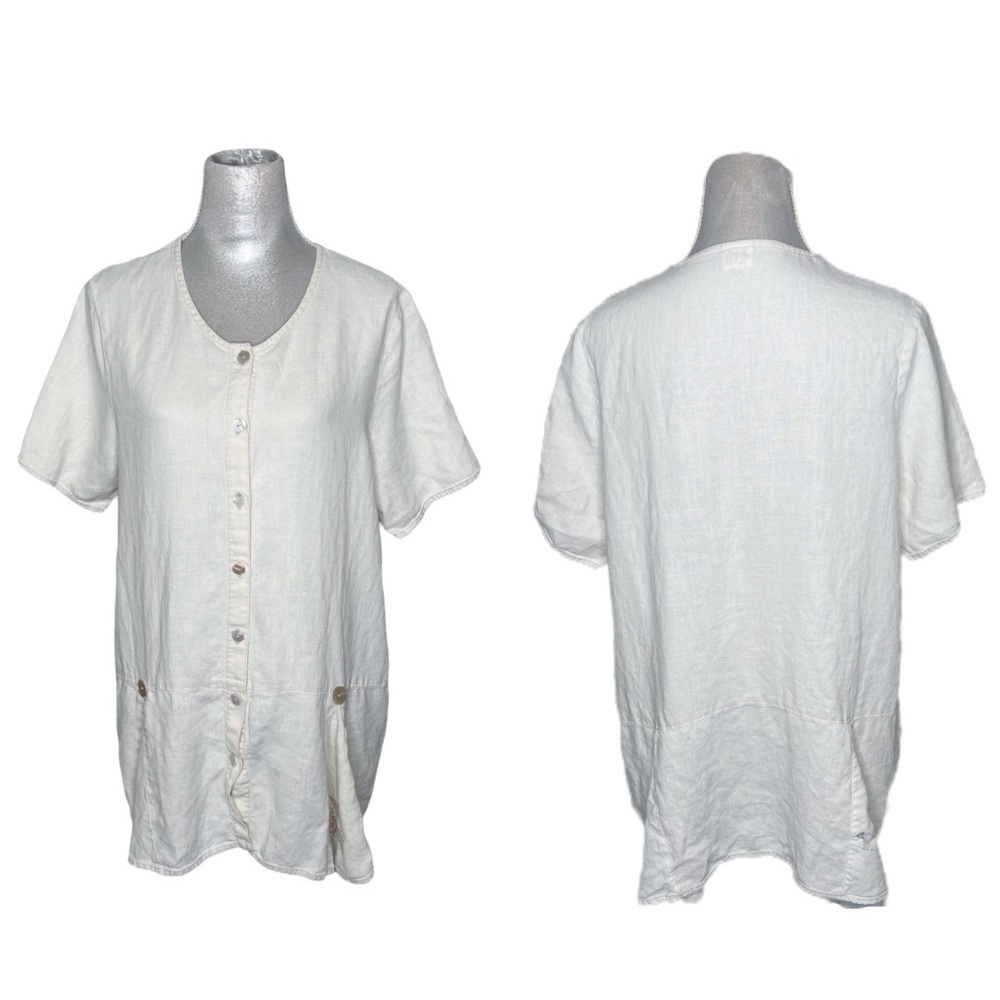 Homefrocks Lagenlook 100% Linen Embroidered Pleated Button Down Tunic Top